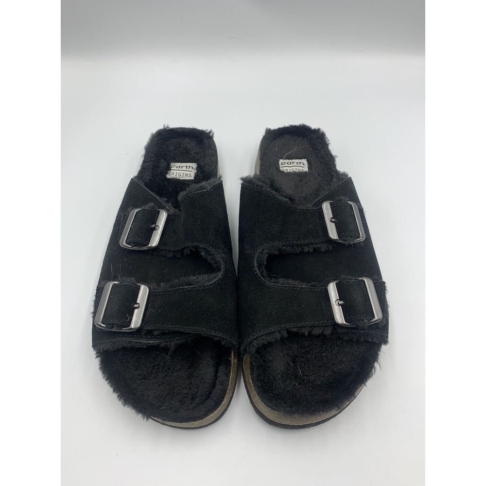 Earth Origins Faux Fur Double Strap Buckle Slide Sandal Chill Cali Black Size 10